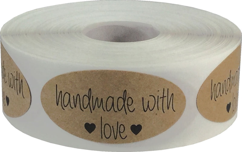 Brown Kraft with Black Handmade with Love Oval Stickers, 2 x 1 Inch in Size, 500 Labels on a Roll