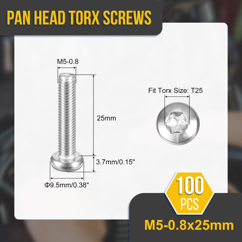 DTGN M5x25mm Pan Head Torx Security Screw - 100Pack - Good for Machinery - 304 Stainless Steel Button Head Torx Bolt Star Drive Security Fasteners - Silver Tone M5-0.8x25mm 100