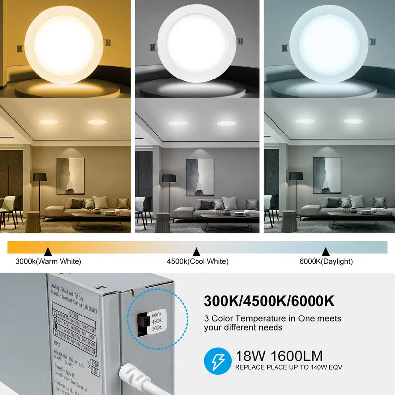 [Australia - AusPower] - 7 Inch 3CCT Ultra-Thin LED Recessed Light with Junction Box, 3000K/4500K/6000K Selectable, 18W Eqv 125W, Dimmable Canless Downlight, 1600LM High Brightness 1 Pack 