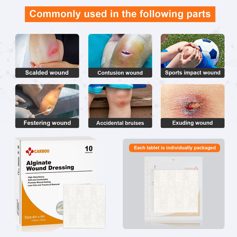 [Australia - AusPower] - Carbou Calcium Alginate Wound Dressing, 4'' x 4'' Patches,10 Individual Sterile Pads, Soft and Highly Absorbent Dressing Gauze, Non-Stick Padding 4x4 In (Pack of 10) 
