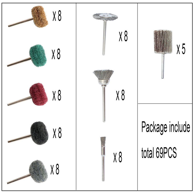 [Australia - AusPower] - 69Pcs Abrasive Wheel Buffing Polishing Wheel Wire Brushes Set for Rotary Tool Accessories,Shank 3mm Mini Brush Polishing Kit,for Power-Operated Grinders 