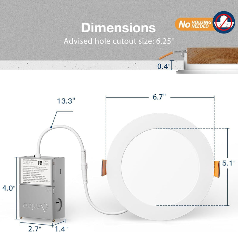 Amico 2 Pack 6 Inch 5CCT Ultra-Thin LED Recessed Ceiling Light with Junction Box, 2700K/3000K/3500K/4000K/5000K Selectable, 12W Eqv 110W 1050LM Brightness Dimmable Canless Wafer Downlight, ETL & FCC