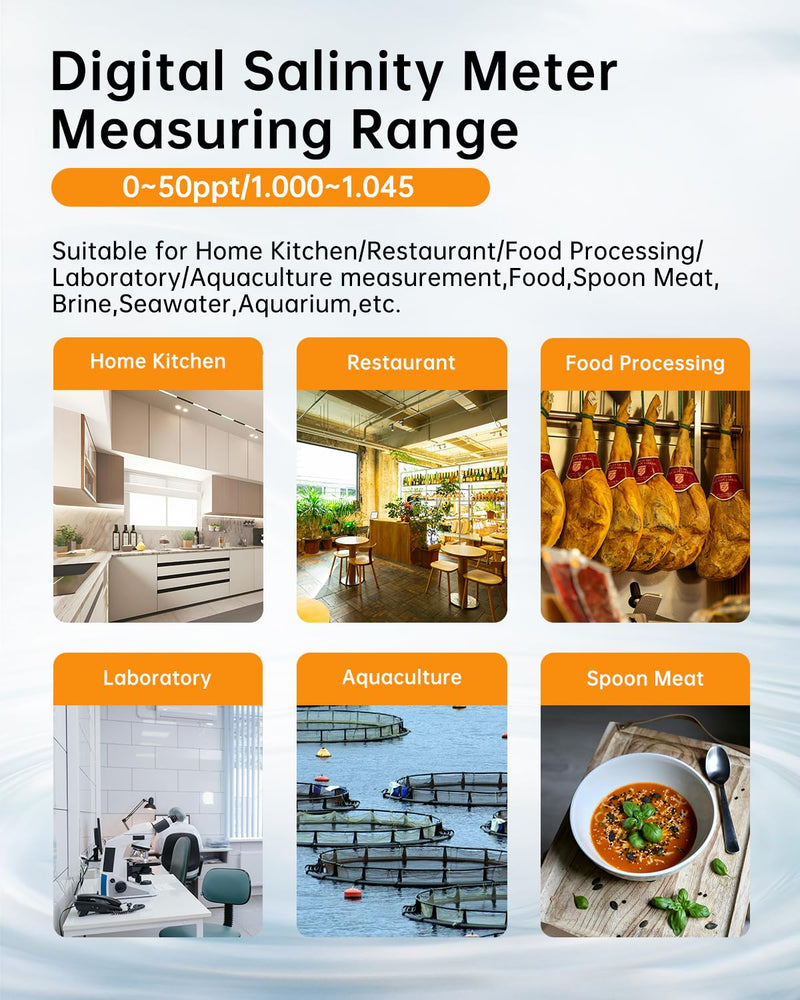 [Australia - AusPower] - Digital Salinity Meter, Platinum Electrode & Concave Surface for Lab-Grade Accuracy, Auto-Measured Salt Content Tester, Rapid Test for Aquarium/Saltwater/Salty Food, Range: 50ppt/1.000〜1.045 