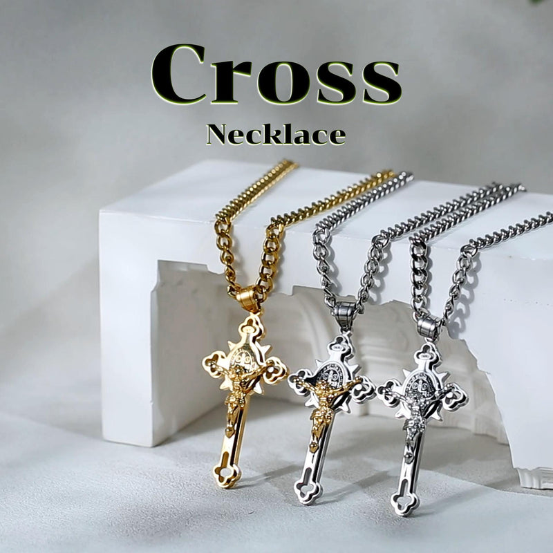 HZMAN Stainless Steel St. Benedict Crucifix Cross Necklace for Men Large Silver & Gold