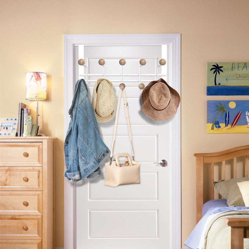 [Australia - AusPower] - 2 Pack Over The Door Hooks,Sturdy Metal Over Door Organizer Rack with 10 Wooden Hooks for Living Room, Bathroom, Bedroom, Kitchen Hanging Clothes, Towels, Hats, Coats, Bags-White White(2 pack hangers with 10 hooks) 
