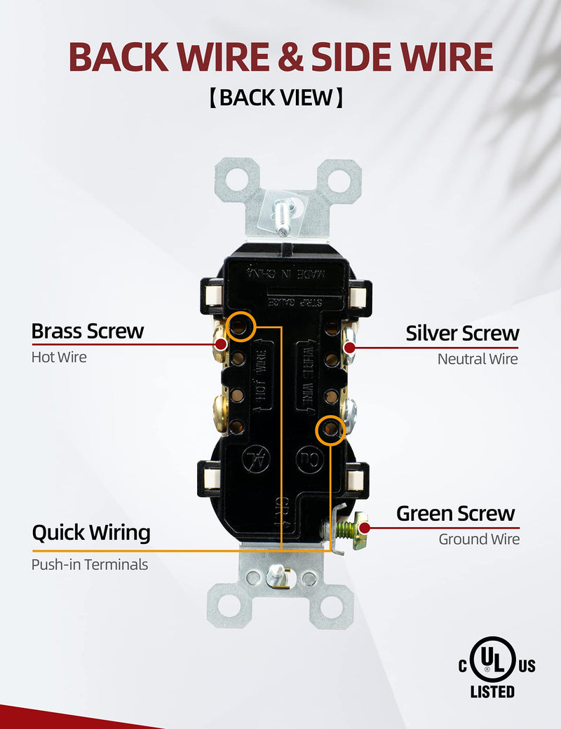 [Australia - AusPower] - AIDA Duplex Electrical Receptacle Outlets, 20Amp 125V Wall Outlet, Residential, TR, 3-Wire, Self-Grounding, UL Listed, Push & Side Wire, White (10 Pack) 10 Pack 