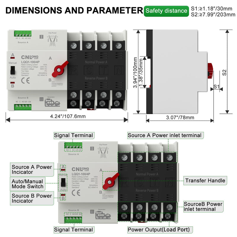 [Australia - AusPower] - AC110V/120V 100Amp Automatic/Manual Transfer Switch 4P 50/60Hz, 4Poles Mini ATS Auto Dual Power Switch Automatic Changeover Fast Transfer for Home Generator, Soalr, Rv and Lv Power 4P 100A 110V 