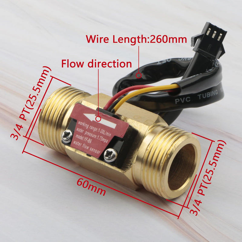 [Australia - AusPower] - 1Pcs G3/4" Hall Effect Liquid Water Flow Sensor Brass Switch Flowmeter Counter Meter DC 5V 1-30L/min 