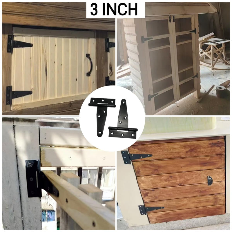 [Australia - AusPower] - 6 PCS 3 inch Black T-Strap Shed Door Hinges for Wood, Barn Door Hinges Gate Hinge for Wooden Fences, Storage Shed, Yard, Barn Door, Toolboxes, Garden Gate Door Rustproof Door Hardware 3inch-6PCS 