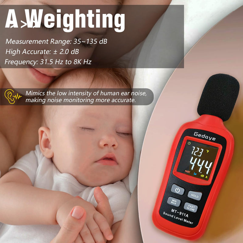 [Australia - AusPower] - Noise Decibel Meter, Gedaye Sound Level Meter Range 35-135dBA, SPL Meter with A Weighted, Data Hold Max/Min, Fast/Slow, Color LCD Backlit Display, Noise Detector dB reader Monitor Audio Measure Device Red 