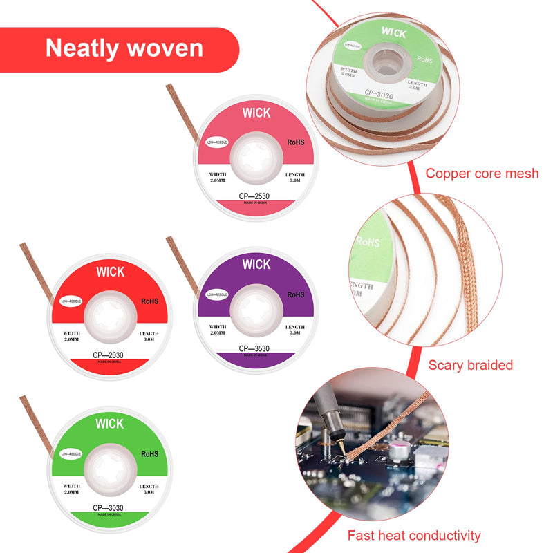 Desoldering Wire, Pack of 4 Pure Copper Desoldering Wire, Soldering Braid 2 mm 2.5 mm 3 mm 3.5 mm, Wick Strands for Desoldering, No-Clean Soldering Desoldering Wire, Soldering Accessories for Clean Removal of Solder