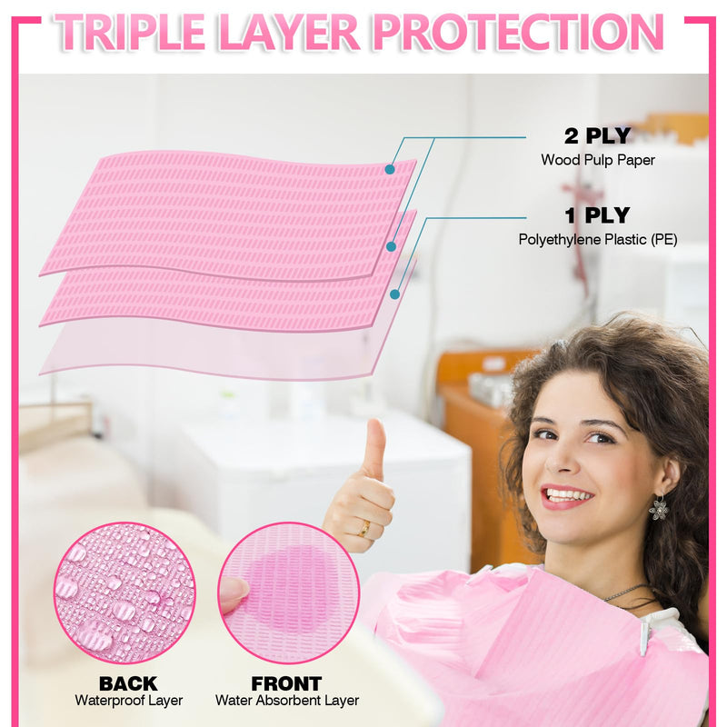 Pack of 50 Disposable Dental Bibs for Nail Art, 3 Layers, Paper Napkins for Dentist, Patients, Tattoos, Nail Salon, Dental Clinic, Dental Clinic, Pink