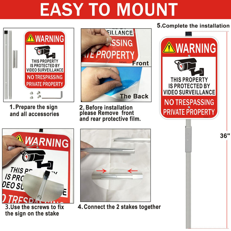 2 Pack Large No Trespassing Private Property Sign Video Surveillance Sign with 36" Stake for Outside, 14"x10" .040 Rust Free Heavy Aluminum, Reflective, Waterproof, Weatherproof and Fade Resistant 2 Pack-10"x14"-with Stake