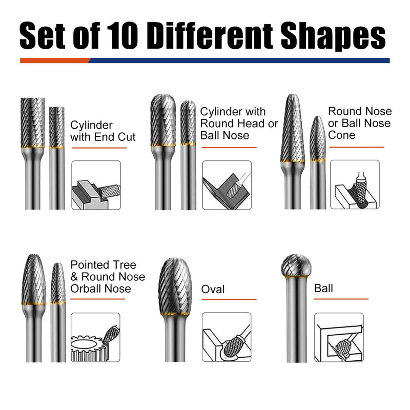 10pcs Die Grinder Bits w/ 1/4" Shank, Tungsten Carbide Burr Set for Metal Steel Stone Wood Working Grinding Carving Engraving Deburring Cutting Porting