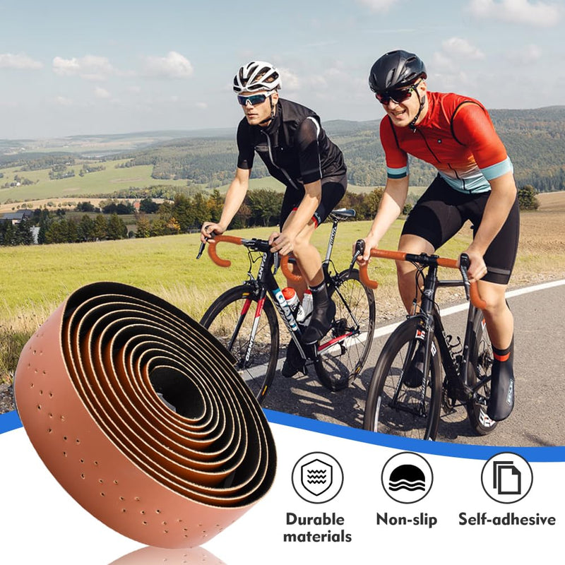 2 Rolls Bike Handlebar Tapes with 2Pcs Handle End Plugs and 2Pcs Finishing Tapes, Self-Adhesive Multifunctional Bicycle Handlebar Tapes, 210x2.8cm/82.68x1.1inch, PU+EVA(Color:Brown) Brown