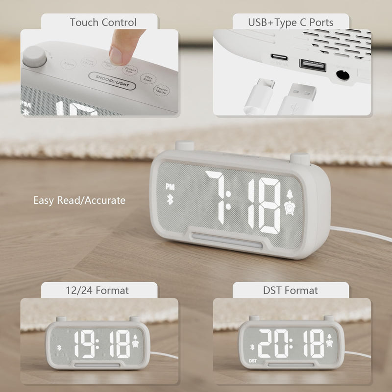 [Australia - AusPower] - Alarm Clock Radio - Bluetooth Alarm Clock : Type C USB Digital Clocks for Bedroom with FM Radio, 16 Levels Volume Night Light Aesthetic Alarm Clock Battery Backup White 