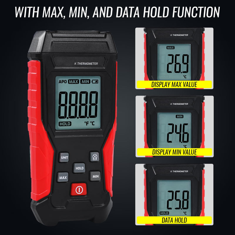 [Australia - AusPower] - Digital K Type Thermometer with Two Thermocouple Probes, -328°F~2501°F Single Channel Thermocouple Thermometer HVAC Temperature Meter with Backlit LCD Display Max/Min, Data Hold 