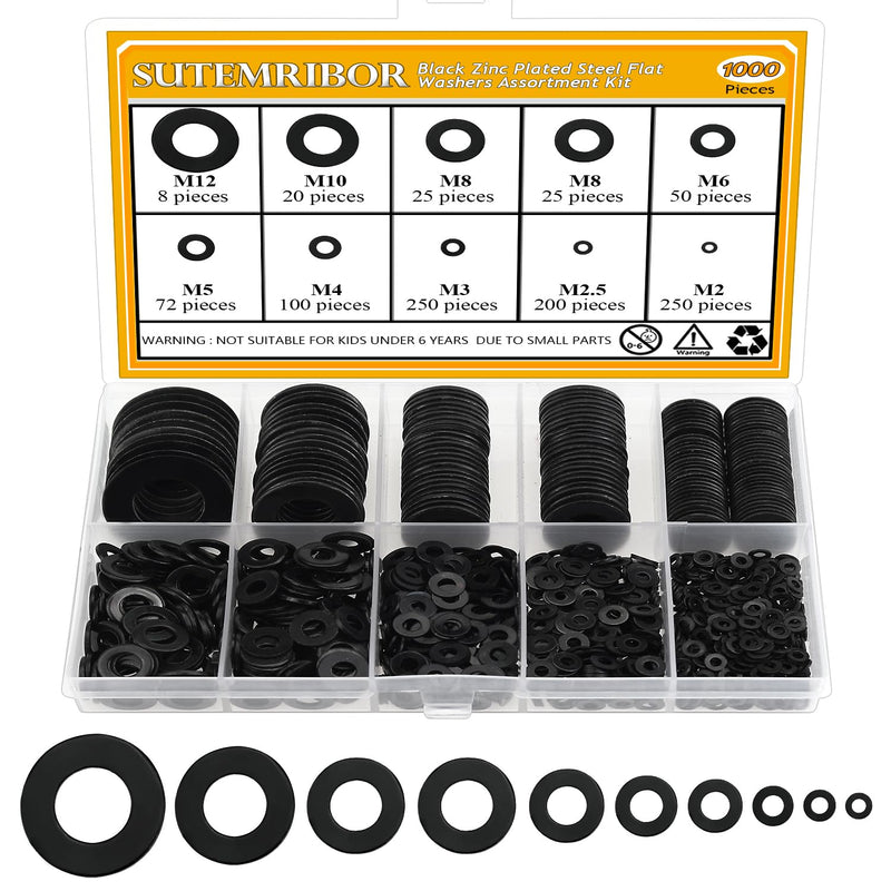 [Australia - AusPower] - 1000 Pieces 9 Sizes Black Zinc Plated Steel Flat Washers for Screws Bolts, Black Washers, Metal Washers, Assorted Washers (M2 M2.5 M3 M4 M5 M6 M8 M10 M12) 