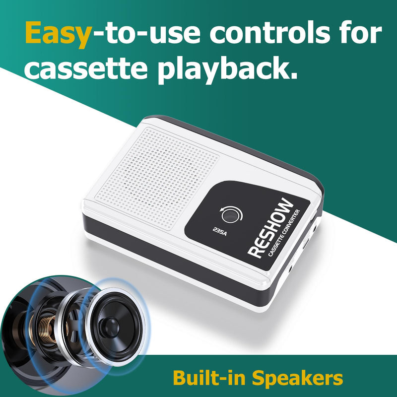 [Australia - AusPower] - Reshow Portable Cassette Player with Built-in Speaker and Headphone Jack, USB C Cassette to MP3 Converter, Reverse Recording to Tape, Walkman Cassette Recorder, Full Stereo Sound-White White 