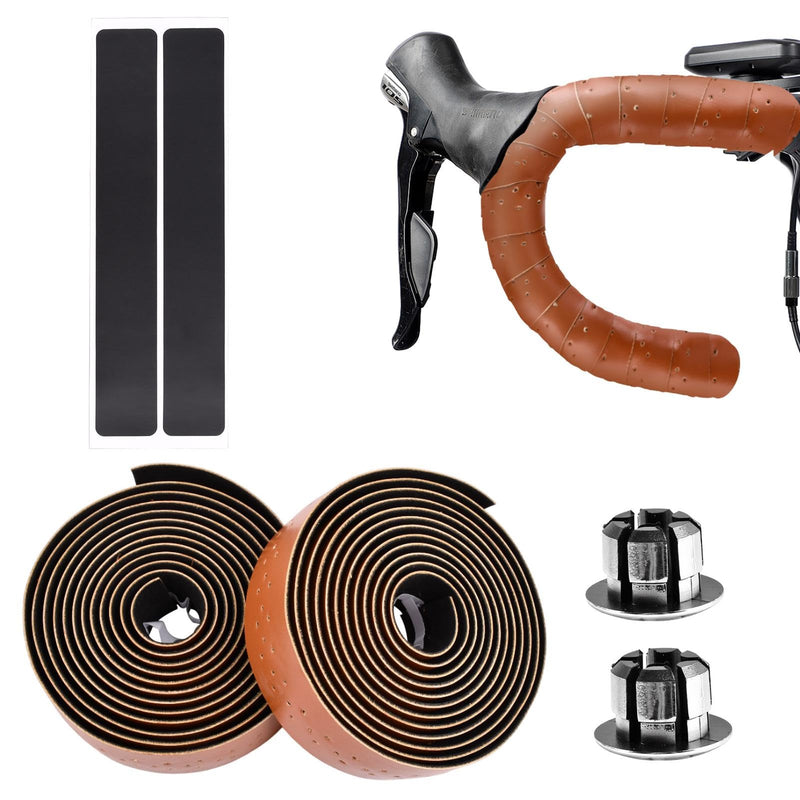 2 Rolls Bike Handlebar Tapes with 2Pcs Handle End Plugs and 2Pcs Finishing Tapes, Self-Adhesive Multifunctional Bicycle Handlebar Tapes, 210x2.8cm/82.68x1.1inch, PU+EVA(Color:Brown) Brown