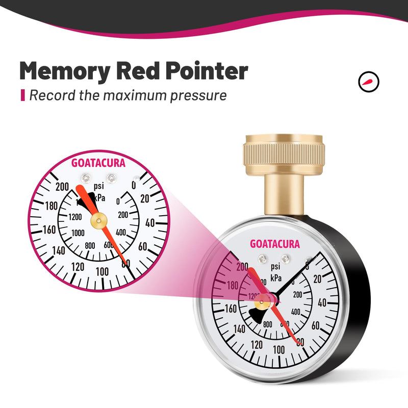 [Australia - AusPower] - 0-200psi/kpa Water Pressure Test Gauge, 2-1/2" Dial Size, 3/4" Female Garden Hose Thread, with Memory Red Pointer, for Measuring Water Pressure Dry with Memory Pointer 