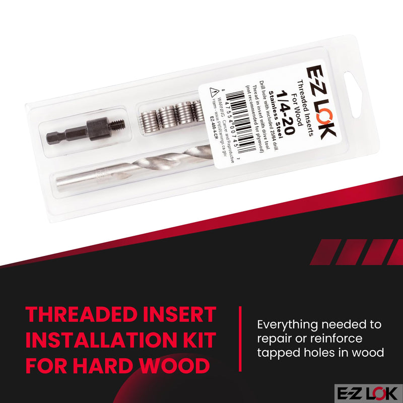 E-Z LOK 400-4-CR Thread Installation Kit for Hard Wood Stainless Steel Threaded Inserts 1/4-20 (6), Drill, Installation Tool