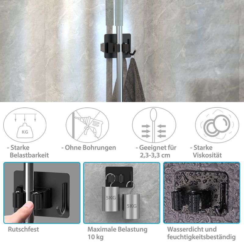 Homeasy Wall Broom Holder 4 Pieces Stainless Steel No Drilling Black | 4 self-adhesive holders for brooms and mops on smooth walls without drilling.