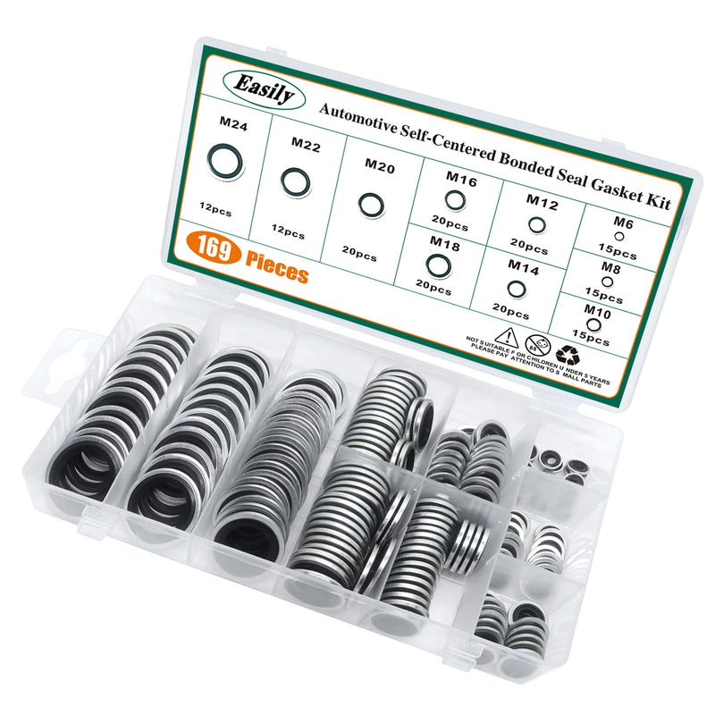 [Australia - AusPower] - 169PCS Automotive Self-Centered Bonded Seal/Gasket Assortment, Bonded Washer 10 Sizes, M6 to M24 