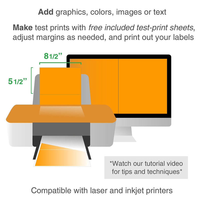 ChromaLabel 8.50 x 5.50 Inch Half Sheet Fluorescent Shipping Labels for Laser and Inkjet Printers, Fluorescent Orange