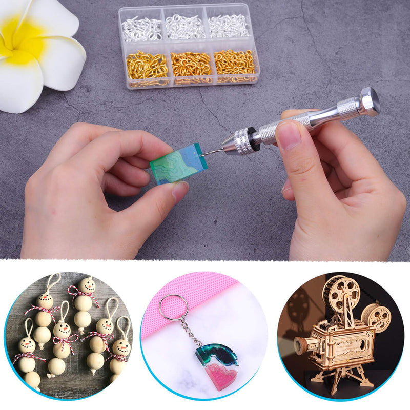 [Australia - AusPower] - Pin Vise for Resin Casting Molds, Shynek Hand Drill for Jewelry Making Resin Tools includes 1Pcs Push Hand Drill 10Pcs Drill Bits 480Pcs Eye Screws for DIY Keychain (Gold+Silver) Gold+silver 