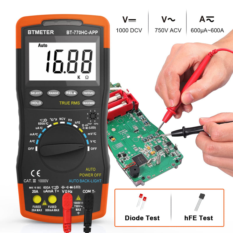 BTMETER Digital Multimeter, Handheld TRMS 6000 Multi Meter Auto Range Voltmeter Ammeter Measure AC DC Volt Amp Ohm Continuity Capacitance Frequency Diode hFE Transistor Temp 770HC-APP 6000 Counts Multimeter Logger 770HCAPP