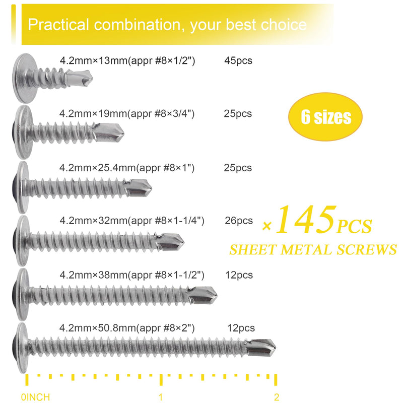 [Australia - AusPower] - #8 Modified Truss Head Sheet Metal Screws Assortment Kit, High Strength 410 Stainless Steel Self Tapping Screws for Metal Plastic & Wood, 145 pcs 1/2" to 2" Self Drilling Screws Self-drilling - Truss 