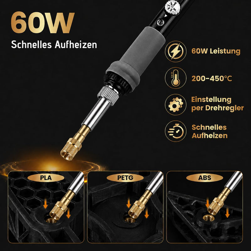 Threaded Inserts M2/M2.5/M3/M4/M5/M6/M8 & Soldering Tips Set 450 | 7 soldering tips and 2 adapters, for melting thread inserts for 3D printing and plastic