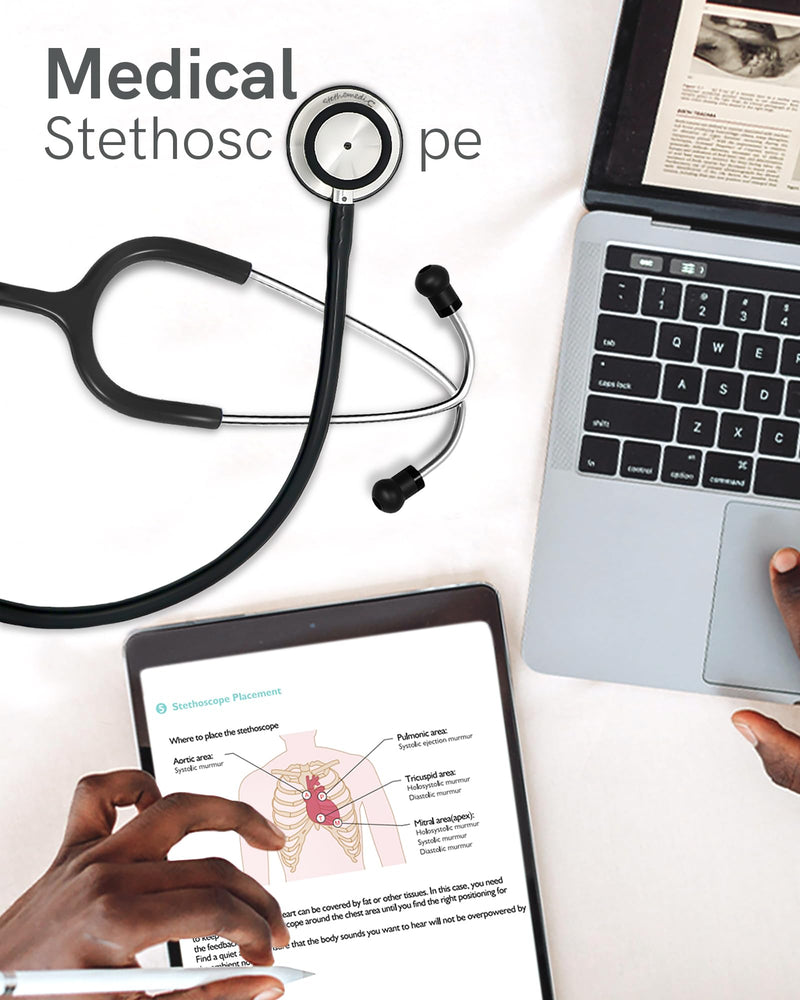 [Australia - AusPower] - FriCARE Dual Head Stethoscope - Stethoscopes for Nurses, Medical Nursing Students, Paramedics/EMT/LVN/VNA Backup - FSA/HSA Eligible Estetoscopio, Black Tube, Stainless Steel Chestpiece Mirror Black 
