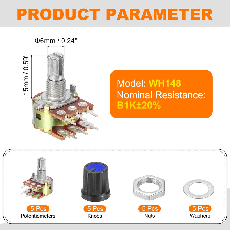 QUARKZMAN 5 Set WH148 Double Linear Potentiometer, B1K-Ohm Audio Potentiometer, 6 Pin Split Shaft Knobs Kit with Metal Handle and Mounting Accessories, Black + Blue | B1K-Ohm Audio Potentiometer 6 Pin Split Shaft Knöpfe Kit, mit Metallgriff und Montage...