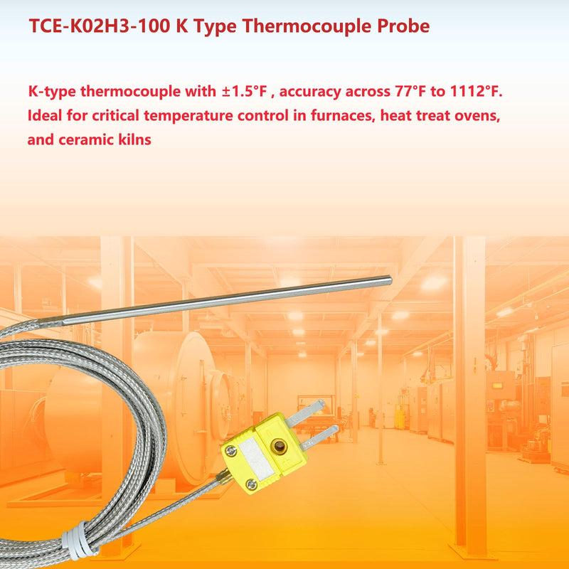 [Australia - AusPower] - TCE-K02H3-100 K Type Thermocouple Probe for Furnace K Type Thermocouple High Temp Sensor Temperature Range - 77°F to 1112°F 