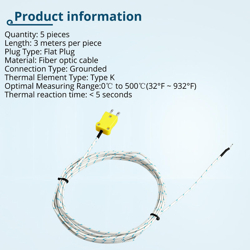 [Australia - AusPower] - 5-Pack K Type Thermocouple, 3M Fiberglass Temp Sensor, 0-500°C (32-932°F), Fast Response Bead Probe for HVAC, Oven, 3D Printer 