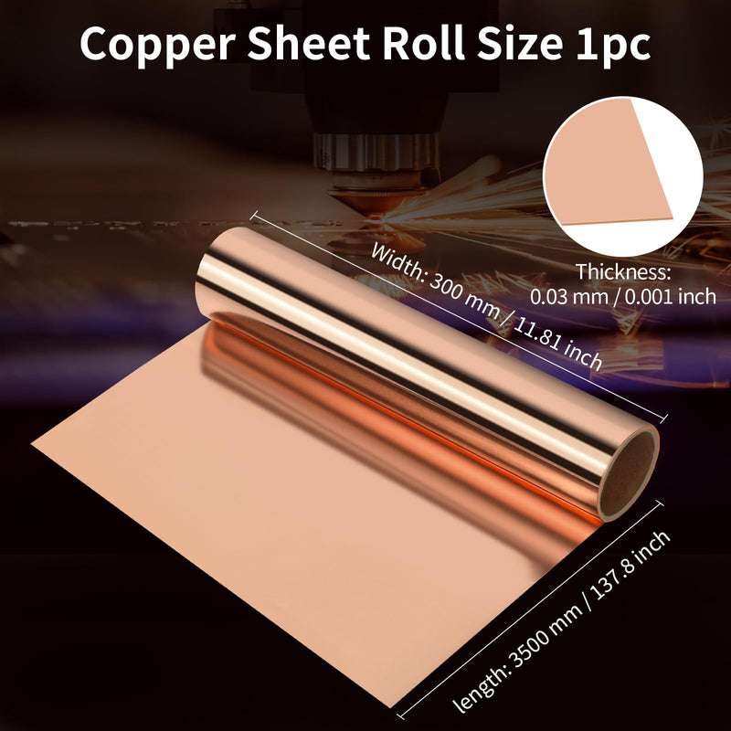 Thin Copper Sheet Roll 99.99% Pure Copper Foil for Crafts Bendable Soft Copper Sheet 137.8x11.81x0.001 Inches Flashing Strip Metal Plate 3500mm x 300mm x 0.03mm 1