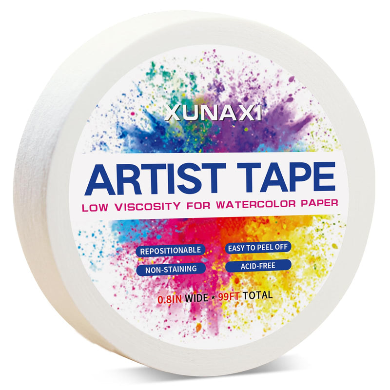 1 Pack Art Tape, Artist Tape for Watercolor Paper Low Tack White Painters Tape for Drafting Art Painting Canvas Framing Acid Free Masking Tape-0.8IN Wide 99FT Long Total 0.8inch 1