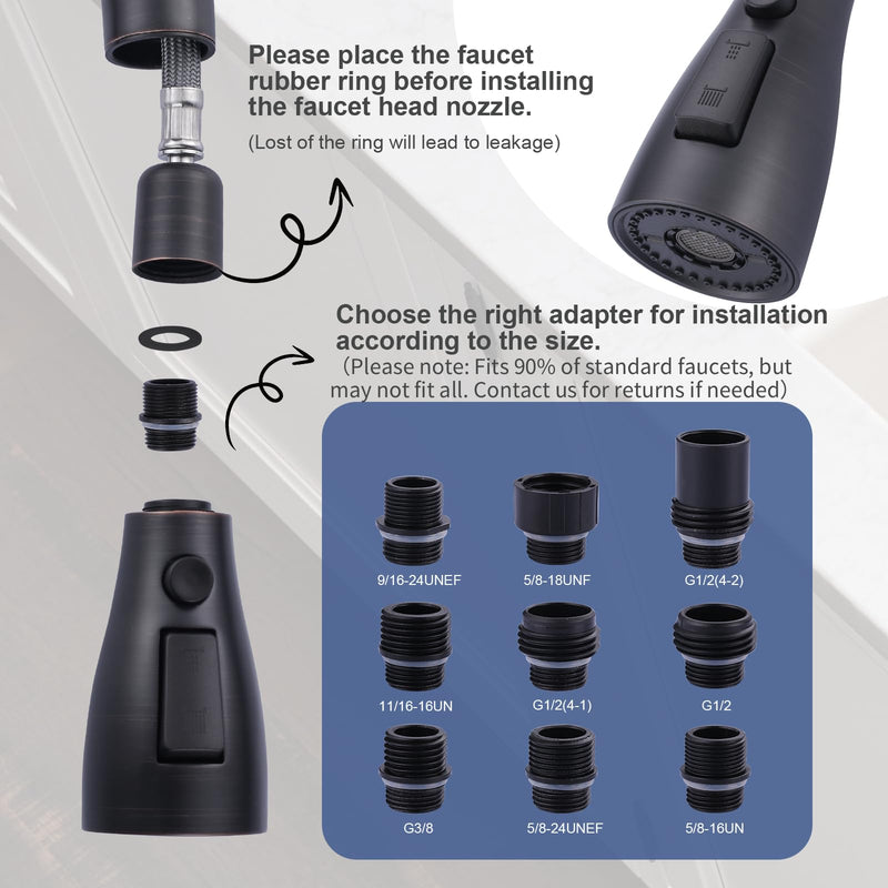 Metal Kitchen Faucet Head Replacement: 3-Function Pull Down Spray Nozzle with 9 Adapters, Sink Sprayer Replacement Compatible with Moen, Delta, Kohler, American Standard Faucets, Oil Rubbed Bronze Stainless Steel