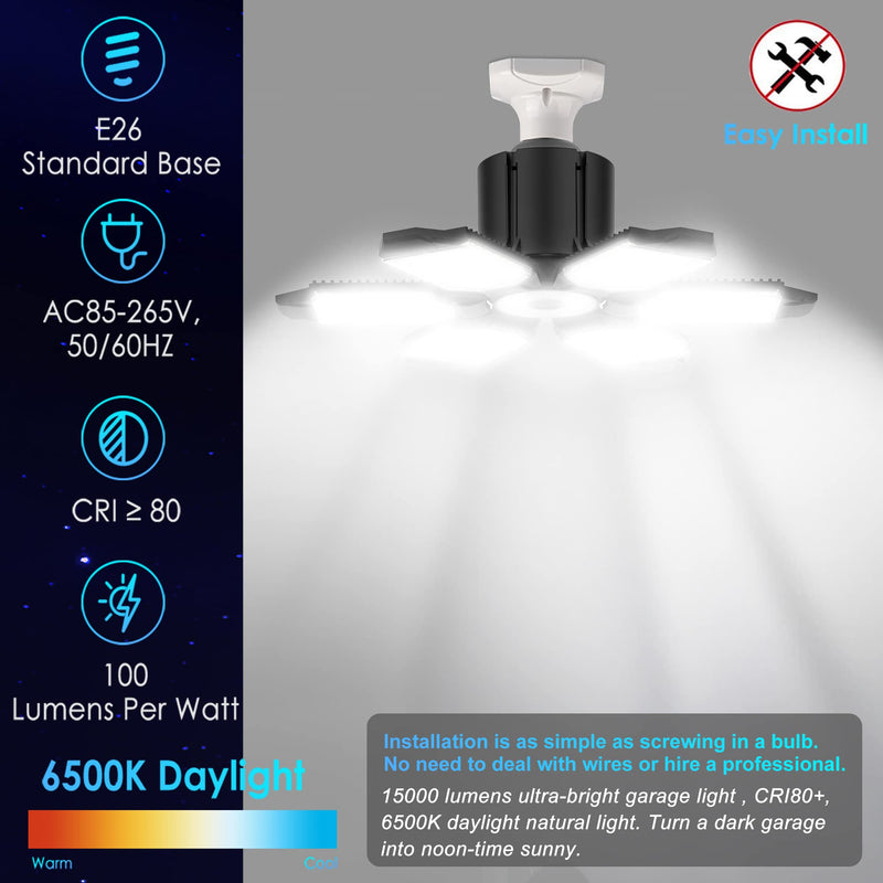 [Australia - AusPower] - LED Garage Light Bulb, 150W 15000LM Deformable LED Garage Ceiling Light with 6 Adjustable Panels, E26/E27 Screw-in Bulb Base LED Shop Light, 6000k Daylight Lighting for Garage, Basement, Barn 150W-1Pack 