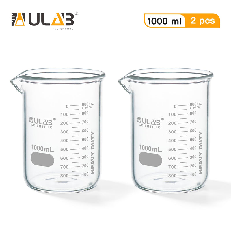 ULAB Scientific Glass Beakers, Vol. 1000ml, 3.3 Borosilicate Griffin Low Form with Printed Graduation, Pack of 2, UBG1017 Vol.1000ml,Pack of 2
