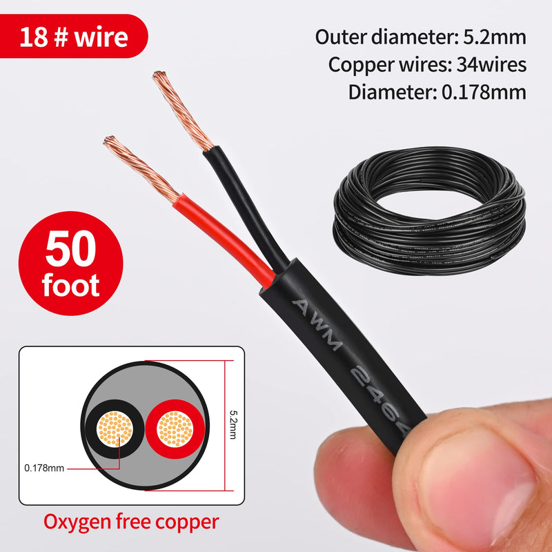 [Australia - AusPower] - 18 Gauge Electrical Wire 2 Conductor,18 AWG Electrical Wire Stranded PVC Cord Oxygen-Free Copper Cable,50FT Pure Copper Electrical Wire Cord for LED Lamp Lighting Strips Automotive 50FT 18AWG-2C 