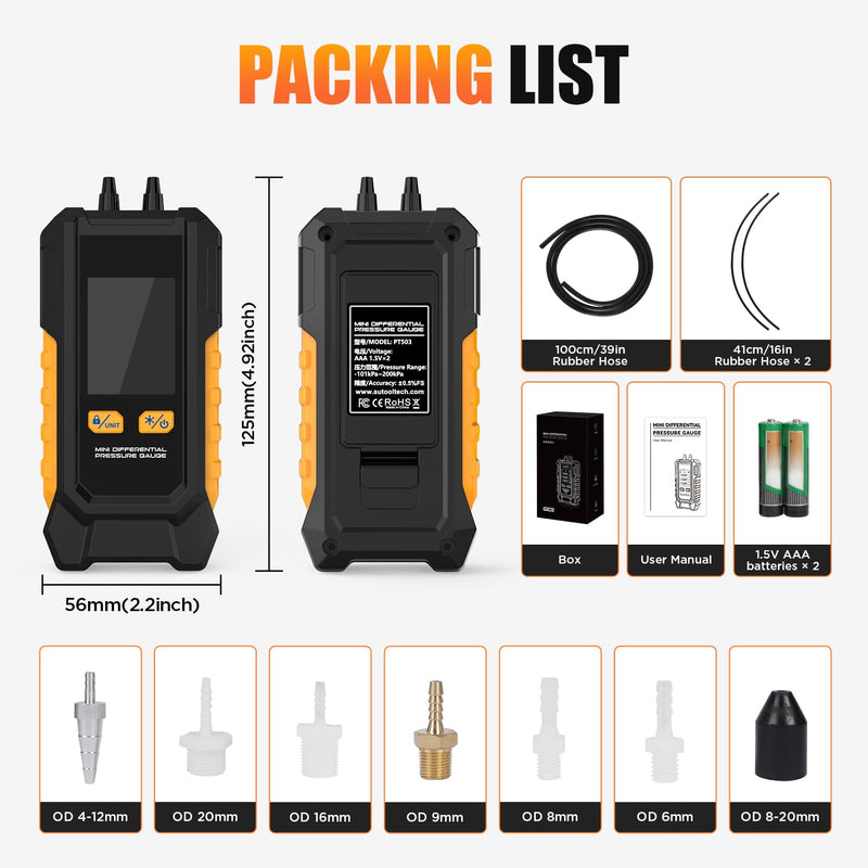 Digital Manometer -101~200kPa Manometer Gas Pressure Tester, Data Zero & Calibration Mini HVAC Gas Pressure Tester with Backlight LCD Display & Data Hold, 6 Units, 7 Adapters