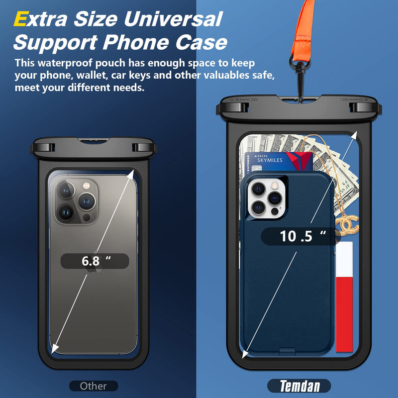 [Australia - AusPower] - Temdan 2 Pcs Waterproof Phone Pouch, [Up to 10" Large] Universal IPX8 Waterproof Cell Phone Case Dry Bag with Lanyard for iPhone 15 Pro Max/14/13/12/11/SE,Galaxy S24 Ultra/S23/S22 for Vacation -Black Large 10" Black&Black 