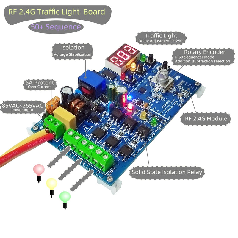 2.4G RF Remote Control Traffic Light Controller Sequencer with 50+ Sequences 3 Channel 85VAC-265VAC Easy to Program and Fix Installation Complete Accessories Digital Tube Display