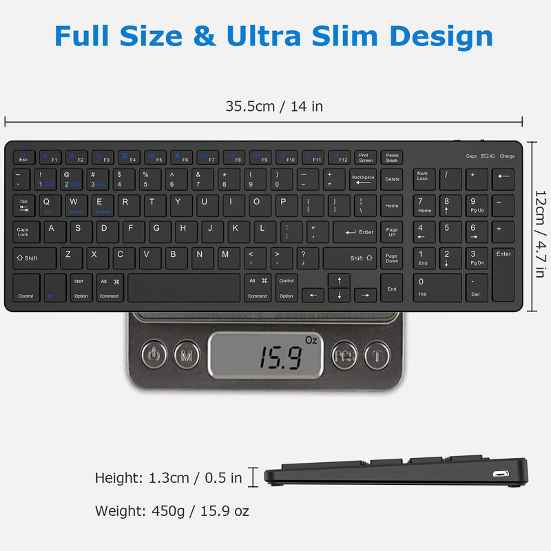 [Australia - AusPower] - Wireless Keyboard, Bluetooth Keyboard with Number Pad, 2.4G+Bluetooth Full-Size Quiet Computer Keyboard for iPad 10.2(9th/8th/7th)/iPad Air 5th/4th/iPad Pro 11/12.9, iPad 10.5/9.7/iPad Mini (Black) Black 