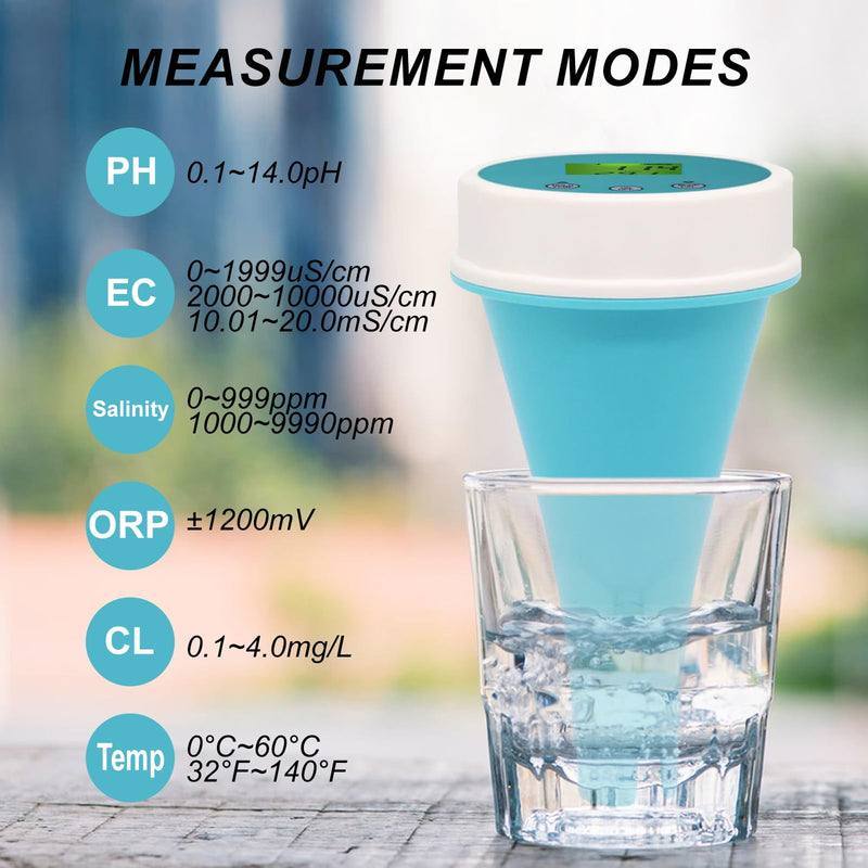 [Australia - AusPower] - Bluetooth Swimming Pool Water Tester 6-in-1 EC/Salinity/pH/ORP/Temperature/Chlorine Meter, Wireless Floating Smart Pool Monitor Water Tester for Pools, Hot Tubs, & Swim Spas 