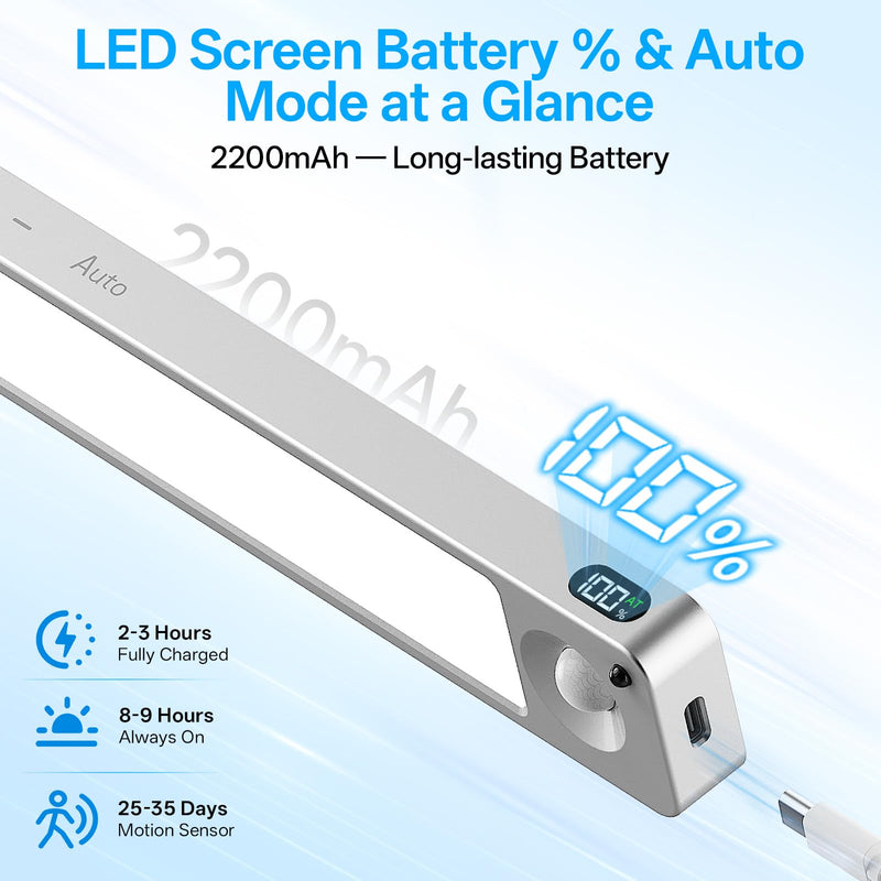 [Australia - AusPower] - 14.2inch Under Cabinet Lighting Wireless,Rechargeable Motion Sensor Light Indoor,3 Colors Dimmable,Magnetic Closet Lights with Remote,Under Counter Lights for Kitchen,Silver 2Pack Silver 