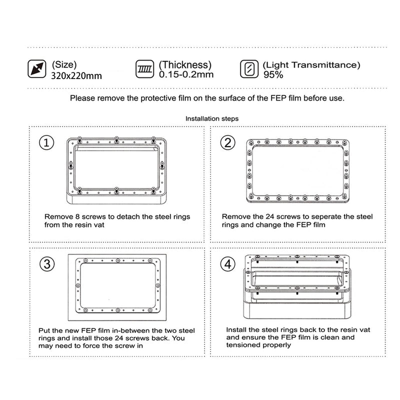 KOYOFEI 6 PCS FEP Film 3D Printer Accessories Spare Parts, FEP Film for ELEGOO Saturn 2, Saturn3, Sonic Mighty 8K, Photon M3 Premium, Photon M5, Halot Mage 10.1 inch Resin 3D Printer 320x220x0.15mm 320x220mm
